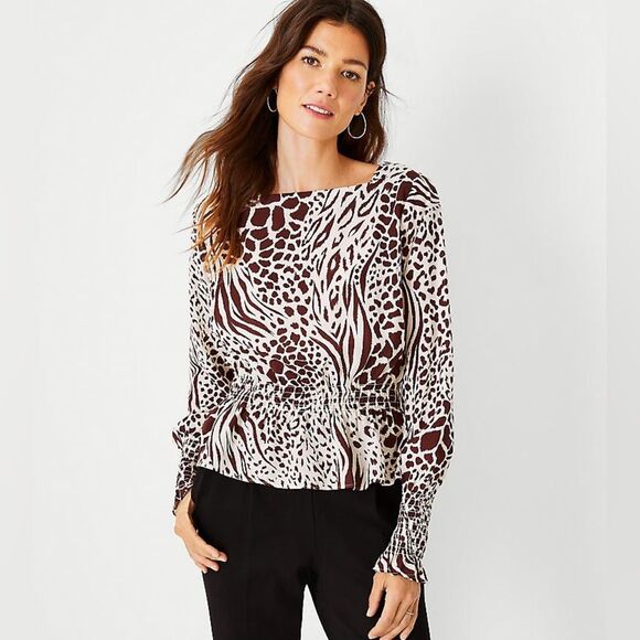 Ann Taylor Mixed Animal Print Smocked Top Long Sleeve Linen Lyocell Blend Sz. XL - Picture 1 of 12